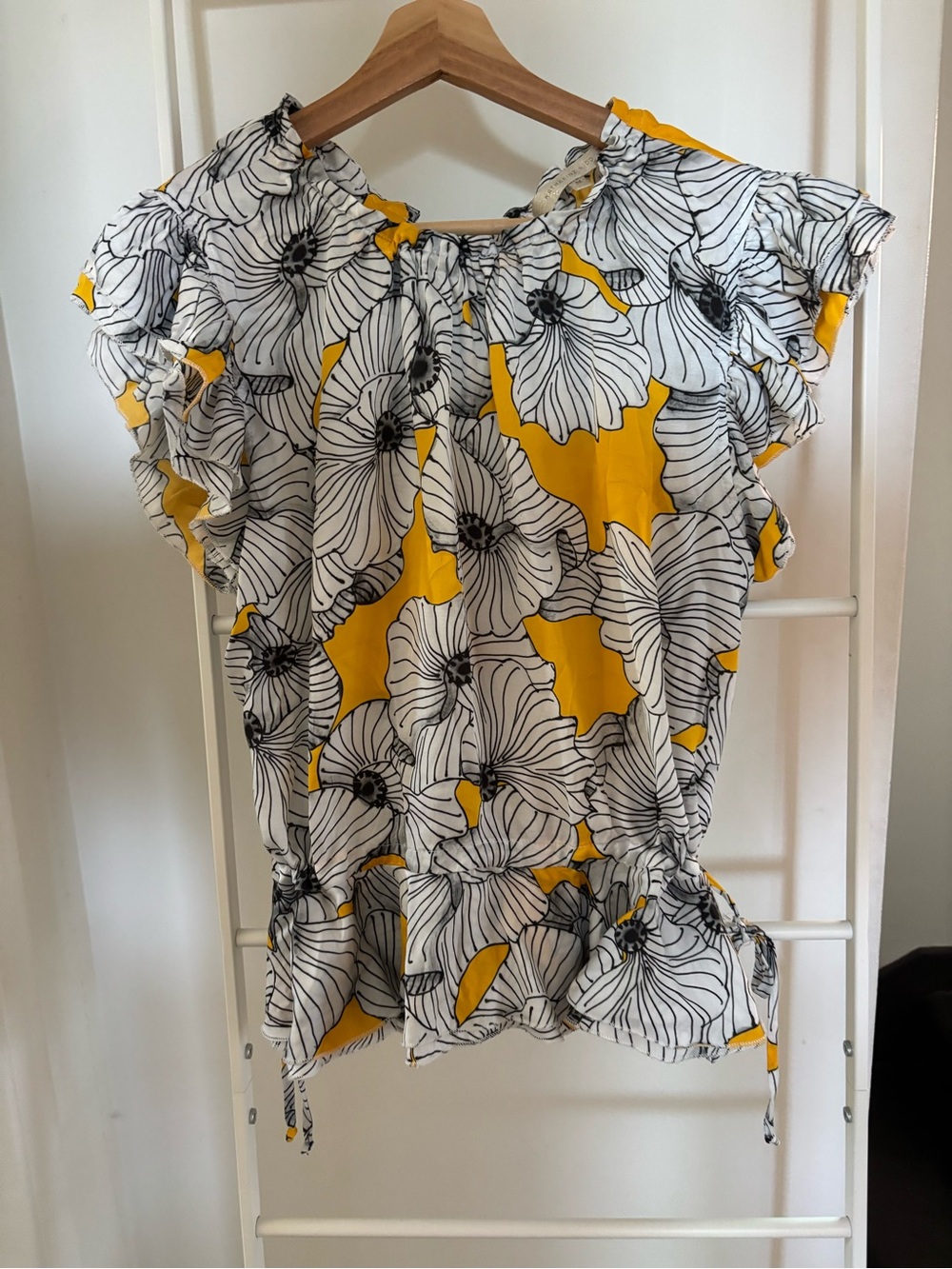 Yellow Floral Drawstring Ruffle Blouse - Picture 2 of 3